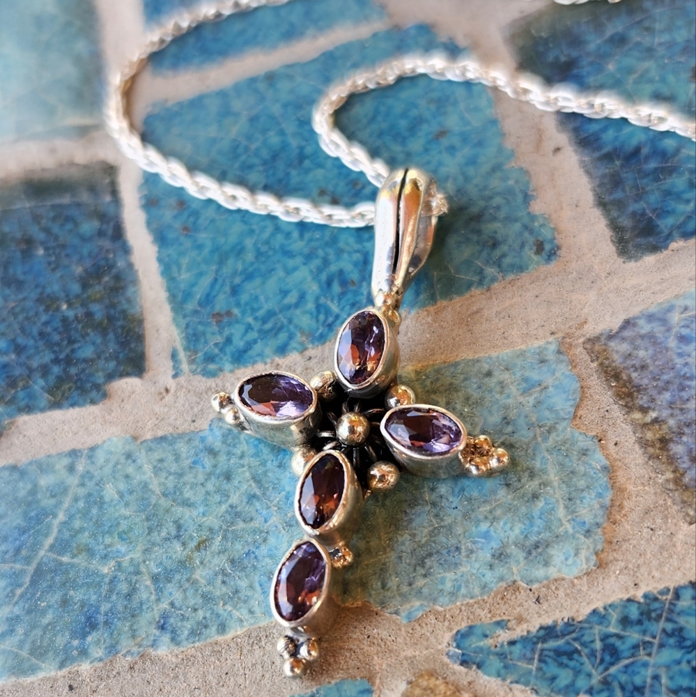 Sterling Silver Genuine Amethyst Cross Necklace